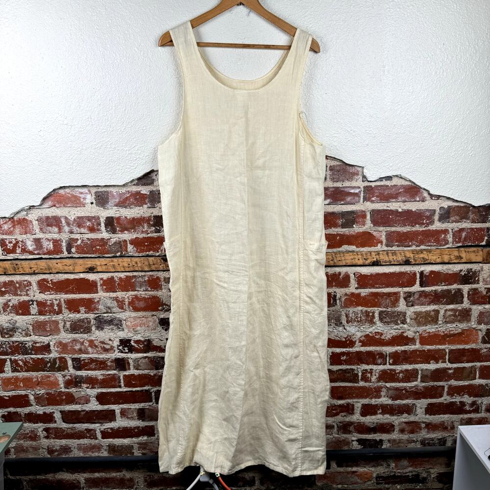 Vintage Marc Ware Dress Sz Medium Yellow Linen Sleeveless Maxi Pockets Lagenlook